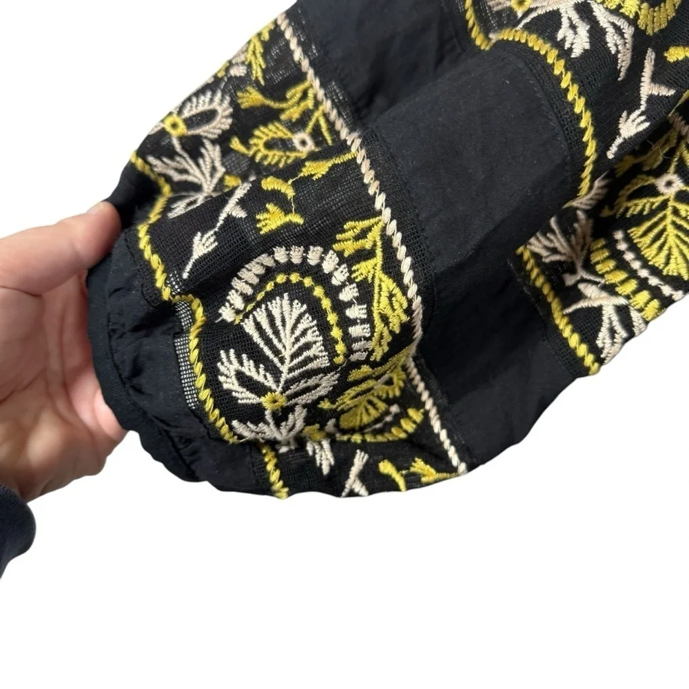 Free People Rock With It Embroidered Crochet Puff Sleeve Top Black/Yellow XS